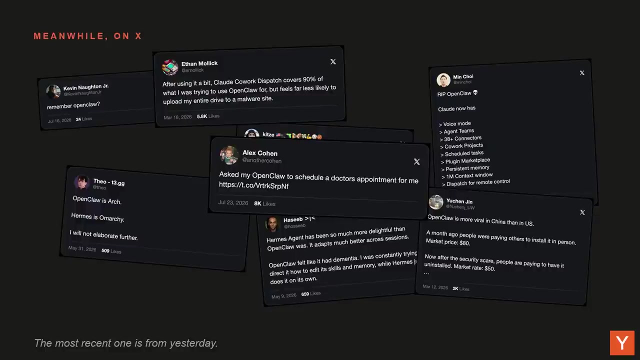 幻灯 Meanwhile on X，拼贴多条宣布 OpenClaw 过时或 RIP 的帖子